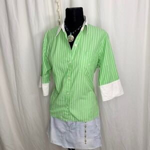 Lauren Ralph Lauren Green Striped Contrast Cuff Button-Up Shirt- L